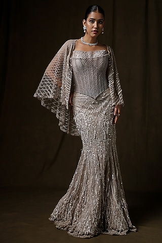 Silver Butterfly Net Sequin Embellished Skirt Set by Baradari