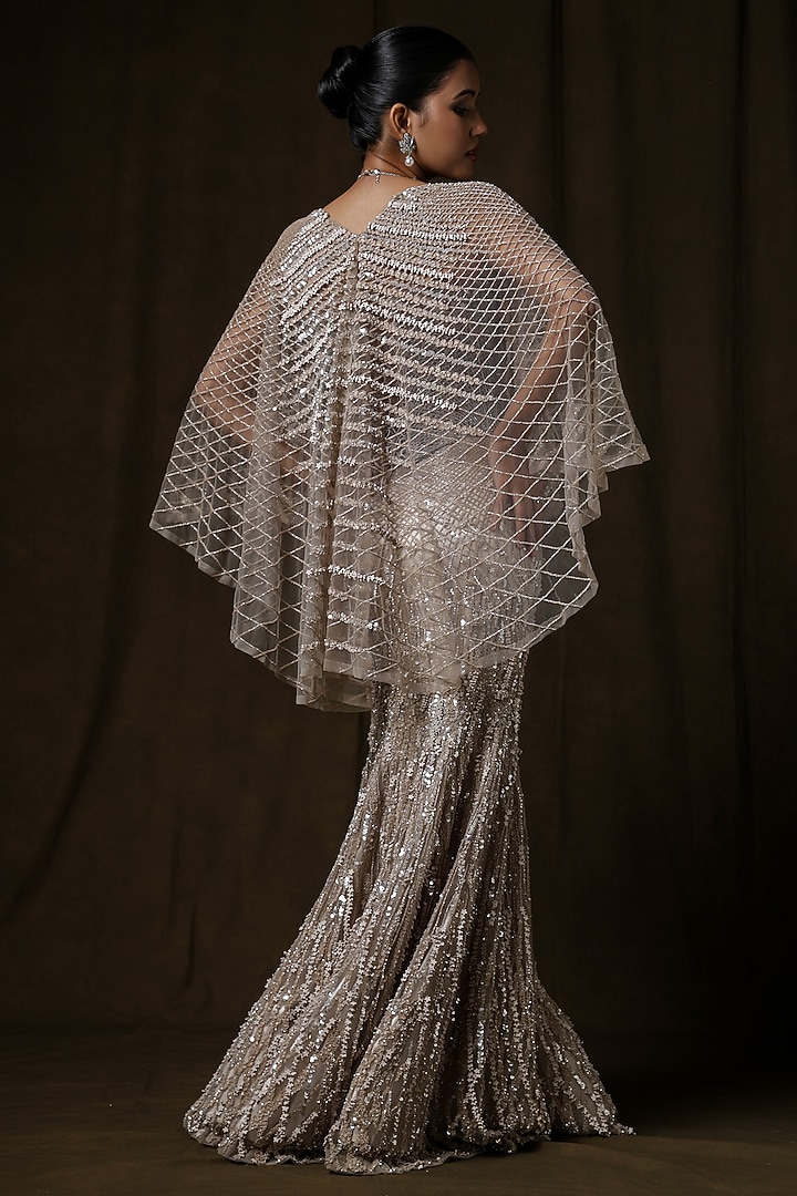 Silver Butterfly Net Sequin Embellished Skirt Set by Baradari at Pernia's Pop Up Shop