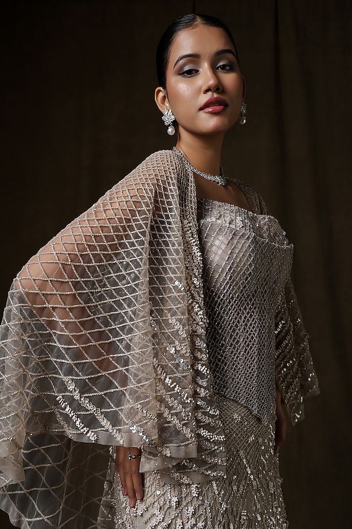 Silver Butterfly Net Sequin Embellished Skirt Set by Baradari at Pernia's Pop Up Shop