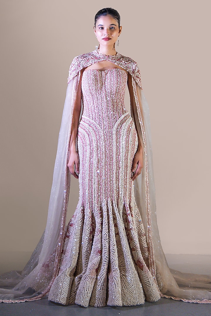Pink & Ivory Butterfly Net Sequin Embellished Bridal Gown With Cape by Baradari at Pernia's Pop Up Shop