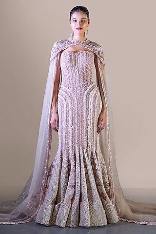 Pink & Ivory Butterfly Net Sequin Embellished Gown With Cape by Baradari