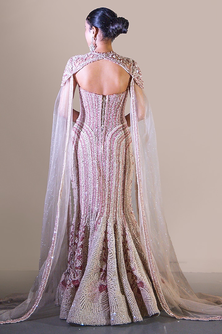 Pink & Ivory Butterfly Net Sequin Embellished Bridal Gown With Cape by Baradari at Pernia's Pop Up Shop
