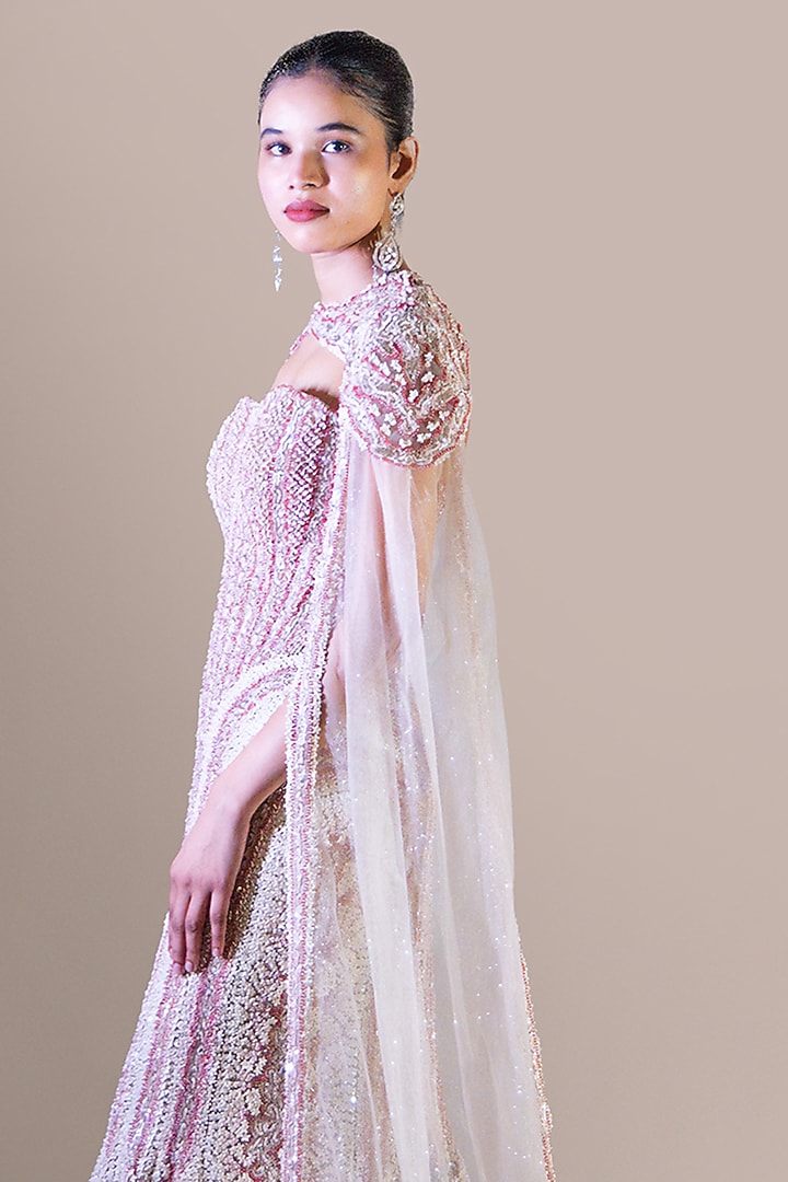 Pink & Ivory Butterfly Net Sequin Embellished Bridal Gown With Cape by Baradari at Pernia's Pop Up Shop