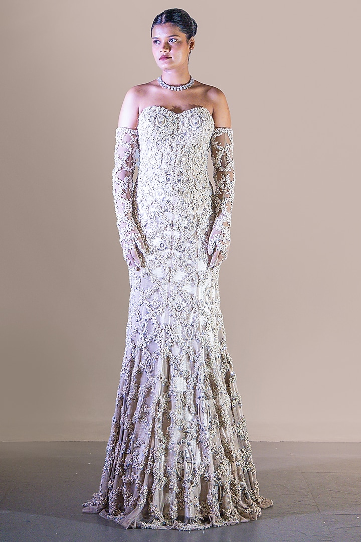 Champagne Gold Soft Net Floral Embellished Bridal Gown With Gloves by Baradari at Pernia's Pop Up Shop