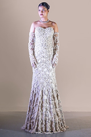 Champagne Gold Soft Net Floral Embellished Gown With Gloves by Baradari