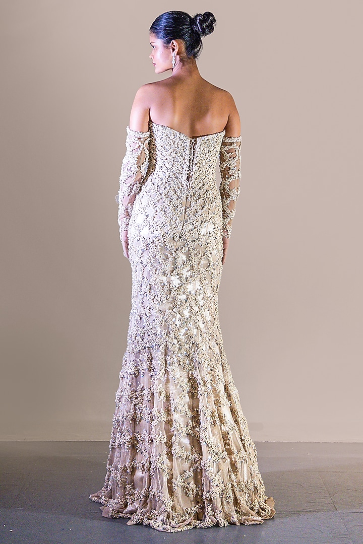 Champagne Gold Soft Net Floral Embellished Bridal Gown With Gloves by Baradari at Pernia's Pop Up Shop