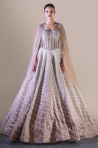 Champagne Gold Butterfly Net Crystal Embellished Ball Gown by Baradari