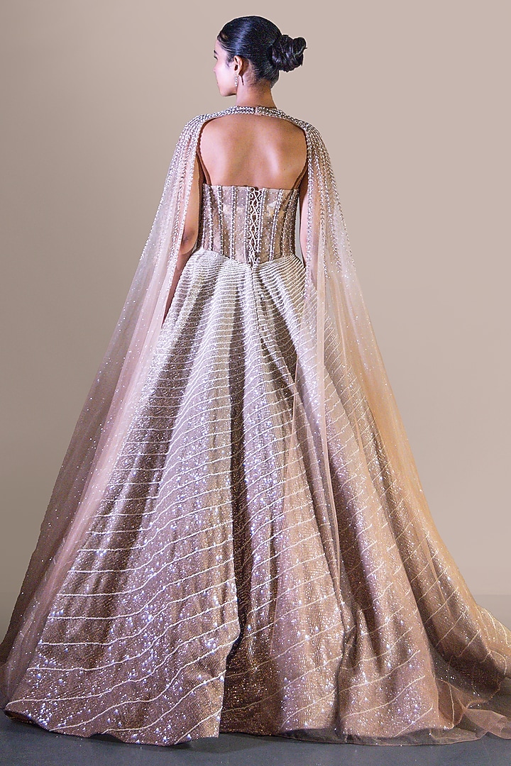 Champagne Gold Butterfly Net Crystal Embellished Ball Bridal Gown by Baradari at Pernia's Pop Up Shop