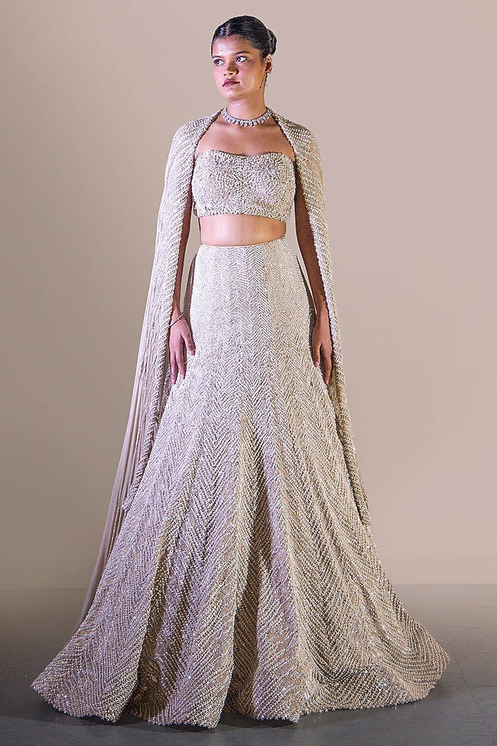 Off-White Organza Bead Embroidered Bridal Bridal Lehenga Set by Baradari at Pernia's Pop Up Shop