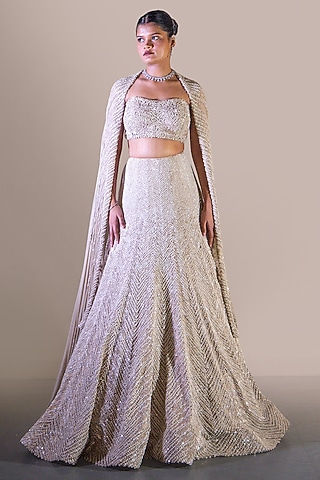 Off-White Organza Bead Embroidered Bridal Lehenga Set by Baradari