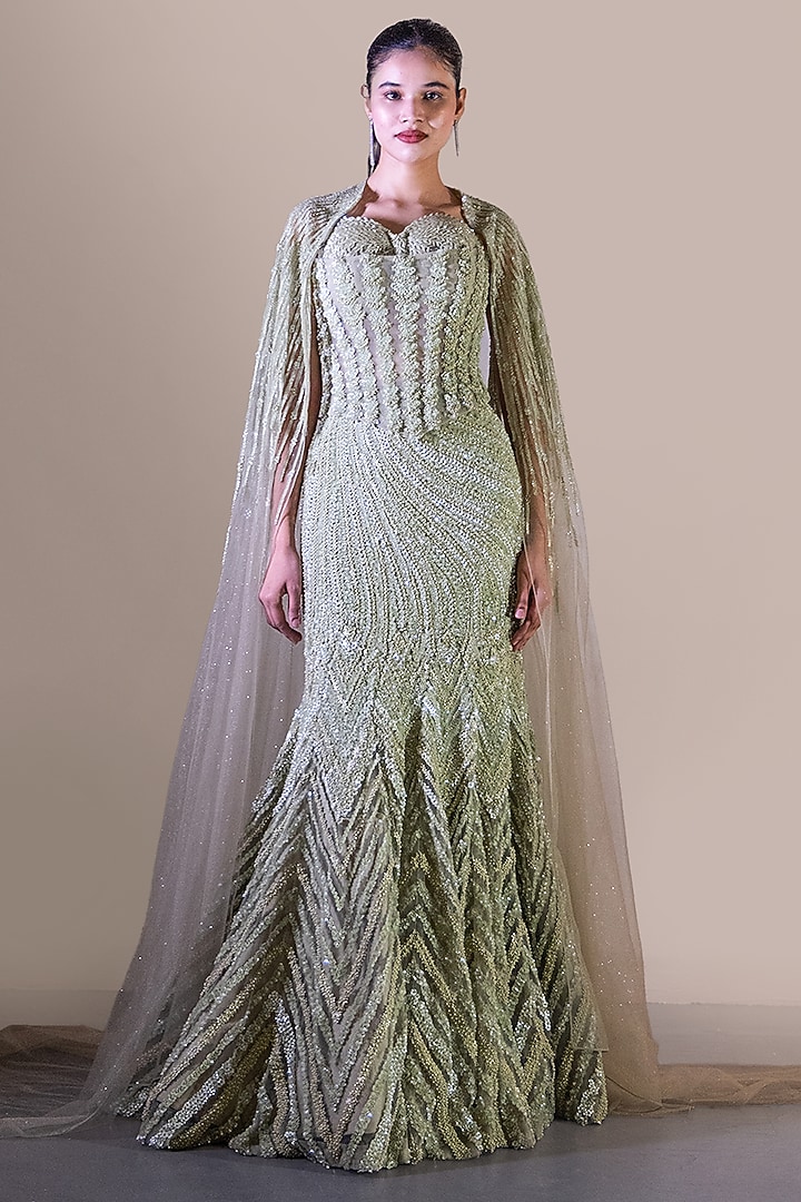 Mint Green Butterfly Net Embellished Skirt Set by Baradari at Pernia's Pop Up Shop