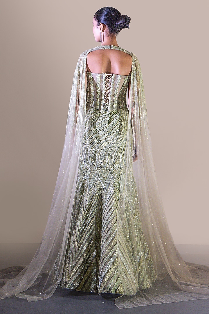Mint Green Butterfly Net Embellished Skirt Set by Baradari at Pernia's Pop Up Shop