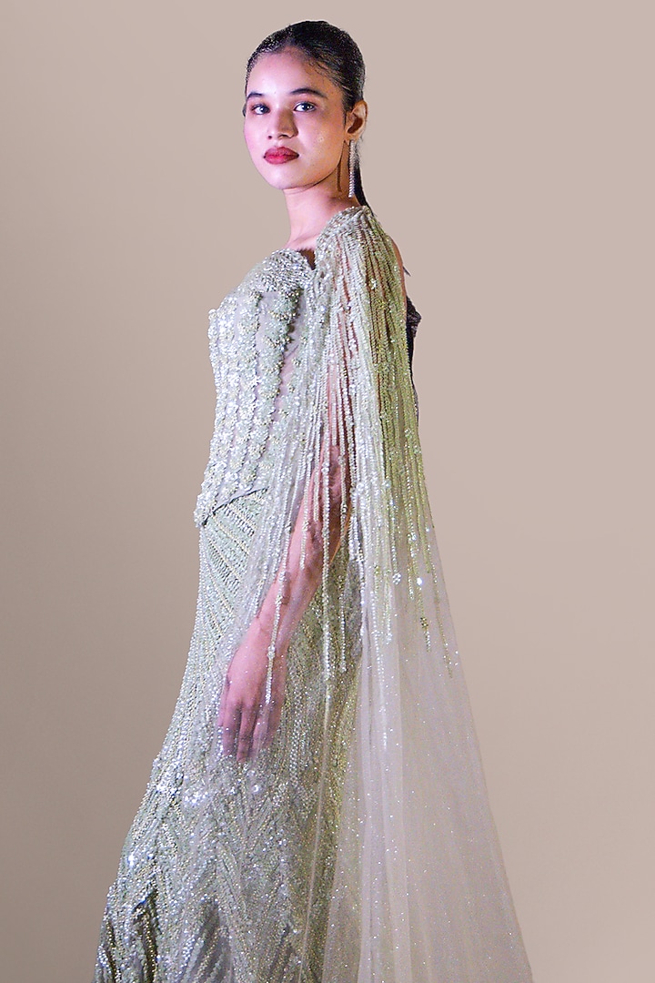 Mint Green Butterfly Net Embellished Skirt Set by Baradari at Pernia's Pop Up Shop