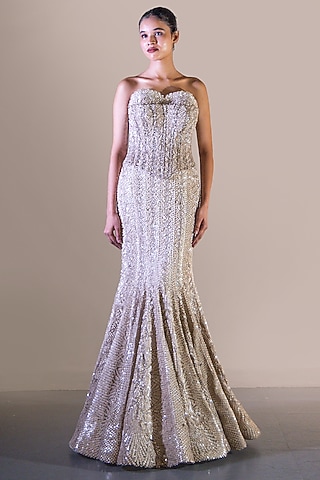 Silver Butterfly Net Embellished Skirt Set by Baradari