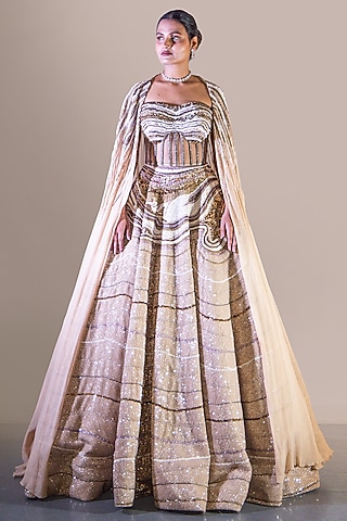 Champagne Gold Double Georgette Sequin Embroidered Bridal Lehenga Set by Baradari
