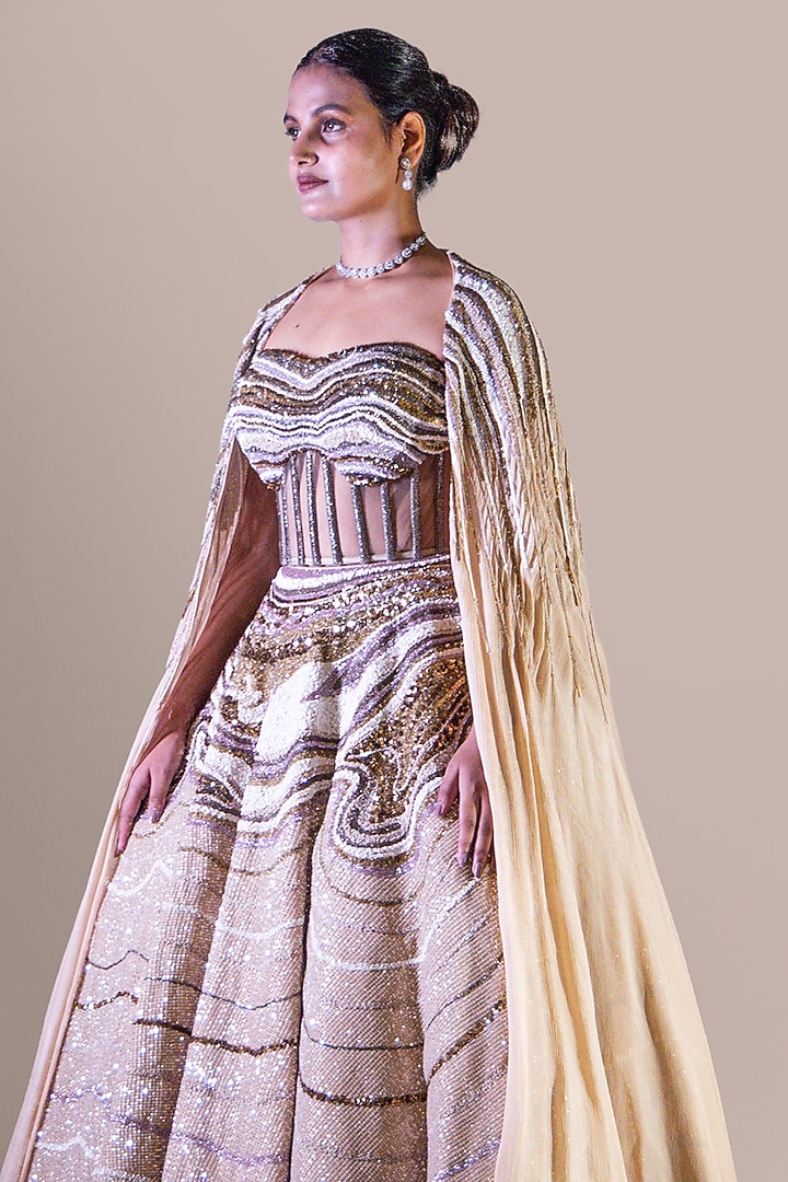 Champagne Gold Double Georgette Sequin Embroidered Bridal Bridal Lehenga Set by Baradari at Pernia's Pop Up Shop