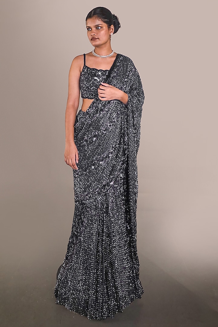 Navy Blue Lycra Georgette Sequin Embellished Bridal Saree Set by Baradari at Pernia's Pop Up Shop