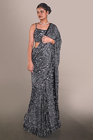 Navy Blue Lycra Georgette Sequin Embellished Saree Set by Baradari