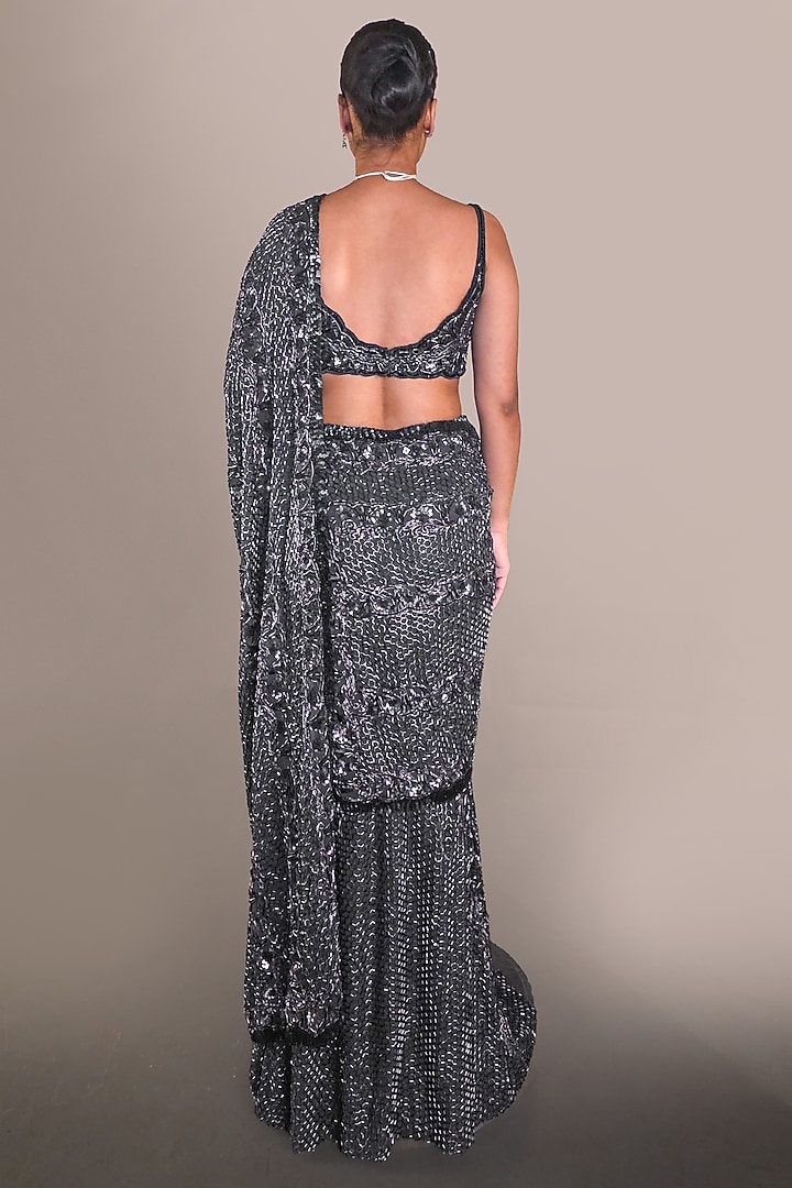 Navy Blue Lycra Georgette Sequin Embellished Bridal Saree Set by Baradari at Pernia's Pop Up Shop