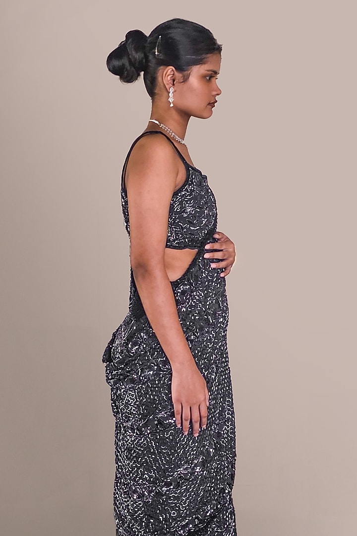 Navy Blue Lycra Georgette Sequin Embellished Bridal Saree Set by Baradari at Pernia's Pop Up Shop
