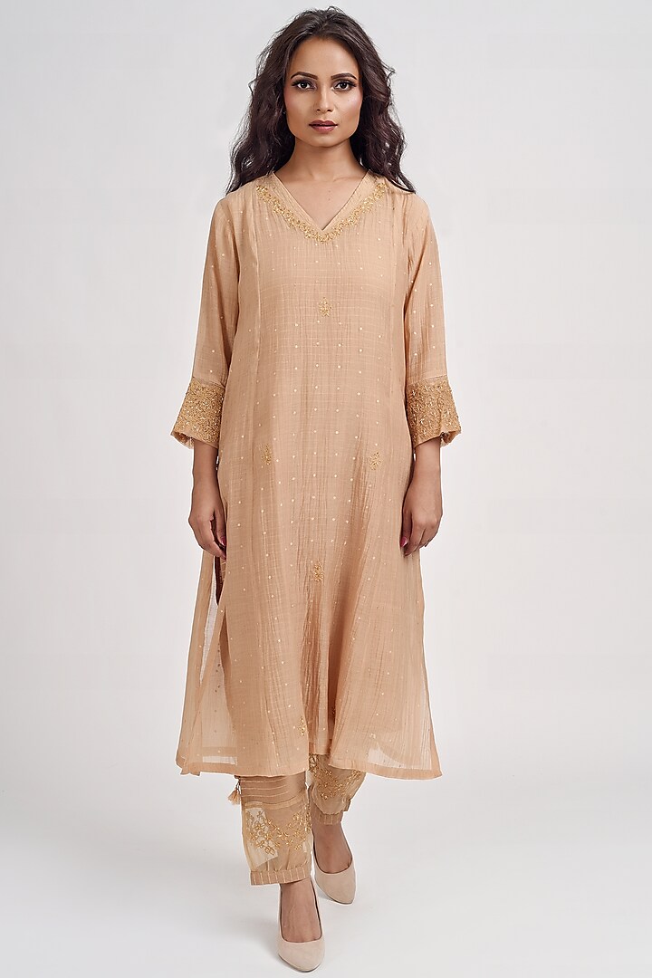 Beige Embroidered Kurta Set by Barahmasi at Pernia's Pop Up Shop