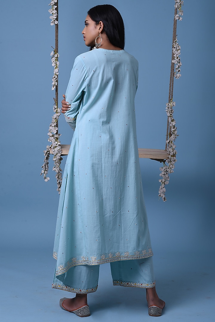 Light Blue Cotton Embroidered Kurta Set by Barahmasi at Pernia's Pop Up Shop