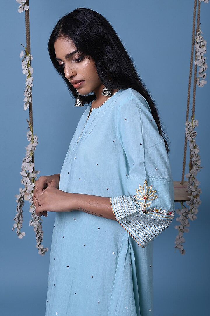 Light Blue Cotton Embroidered Kurta Set by Barahmasi at Pernia's Pop Up Shop