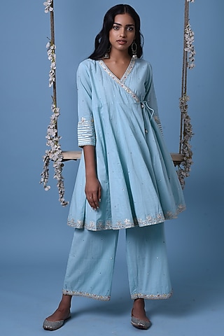 Light Blue Gota Embroidered Kurta Set by Barahmasi