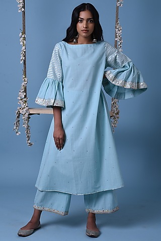 Light Blue Bead Embroidered Kurta Set by Barahmasi
