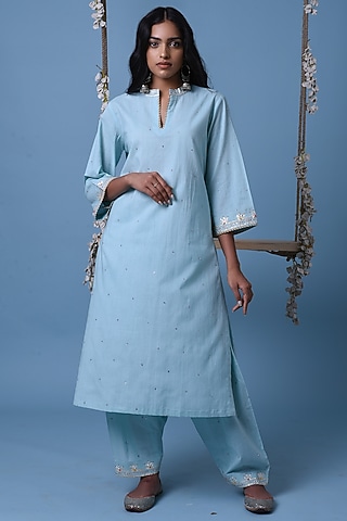 Light Blue Cotton Kurta Set by Barahmasi