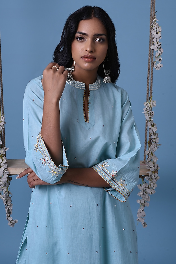 Light Blue Cotton Kurta Set by Barahmasi at Pernia's Pop Up Shop