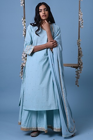 Light Blue Hand Embroidered Kurta Set by Barahmasi