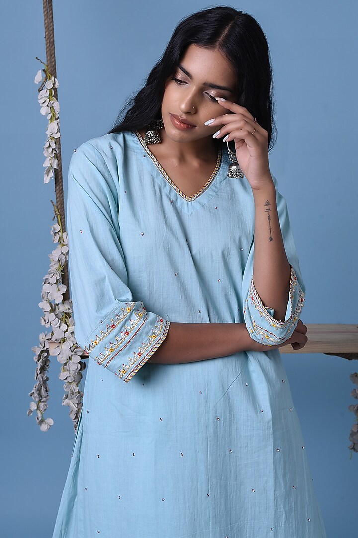 Light Blue Hand Embroidered Kurta Set by Barahmasi at Pernia's Pop Up Shop