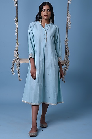Light Blue Cotton Embroidered Tunic Kurta by Barahmasi