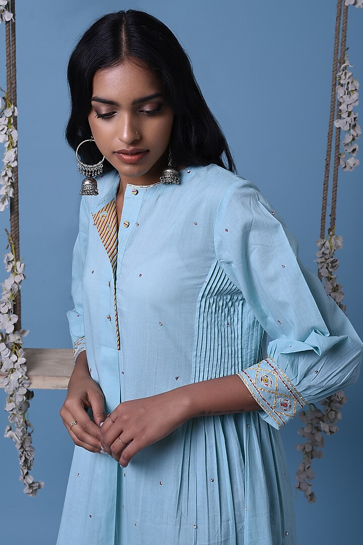 Light Blue Cotton Embroidered Tunic Kurta by Barahmasi at Pernia's Pop Up Shop