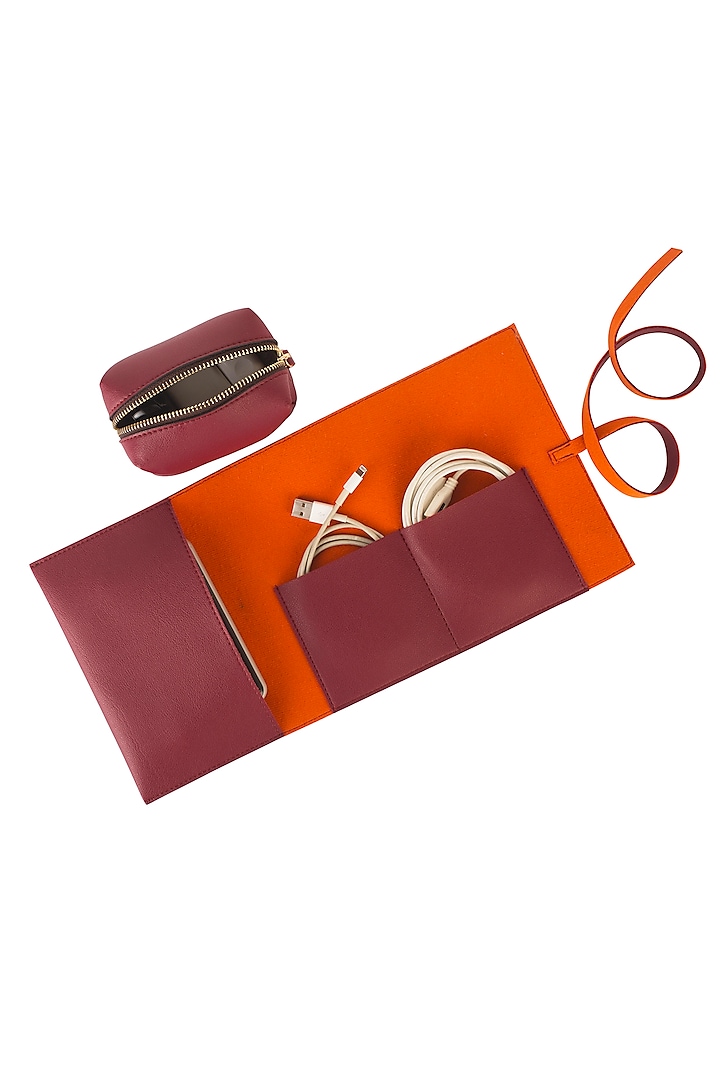 Maroon Faux Leather Roll-up Organizer With Pouch by Bombay Artisan Co.