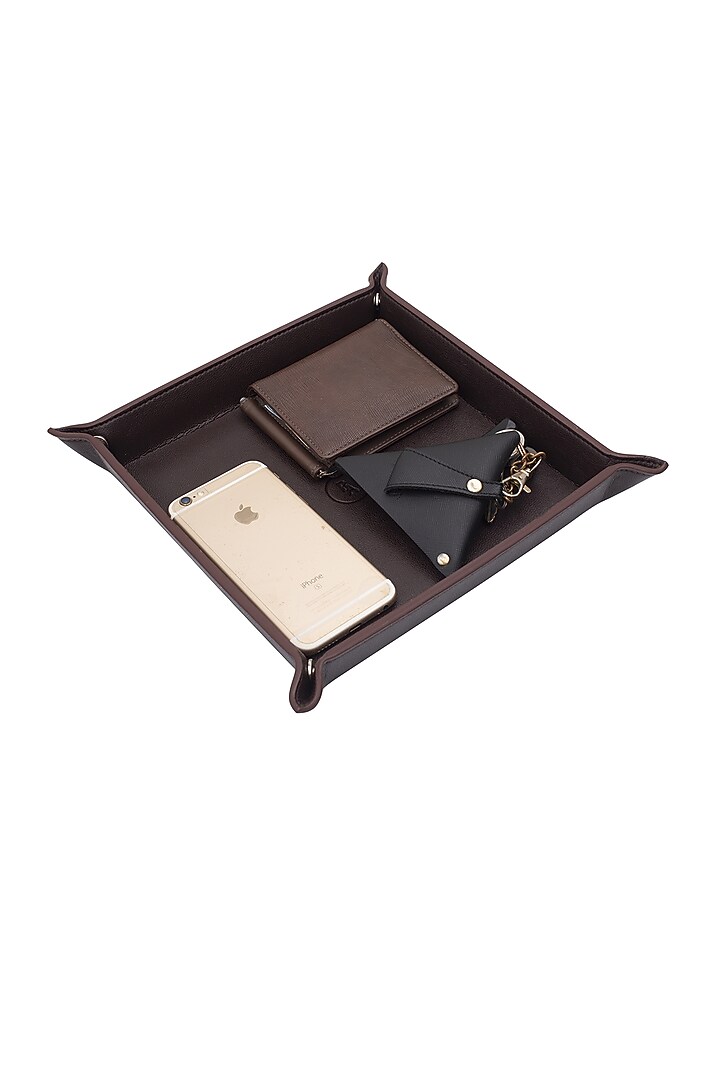 Brown Faux Leather Tray Organizer Set by Bombay Artisan Co. at Pernia's Pop Up Shop