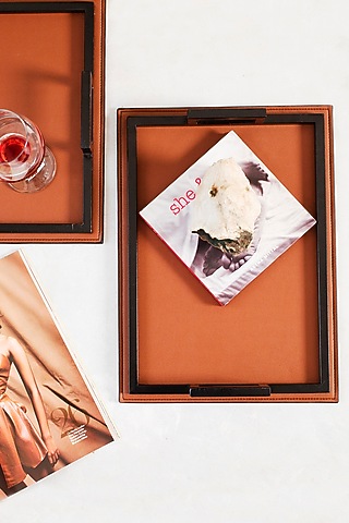 Burnt Orange Faux Leather Serving Tray Set by Bombay Artisan Co.