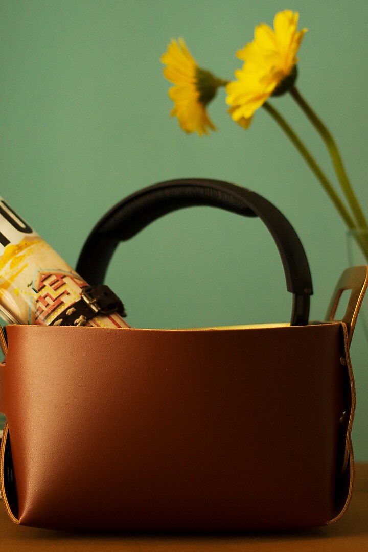 Burnt Orange & Blue Reversible Faux Leather Basket by Bombay Artisan Co. at Pernia's Pop Up Shop