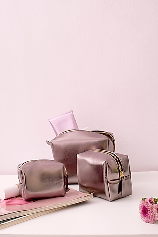 Metallic Grey Faux Leather Pouch Set by Bombay Artisan Co.
