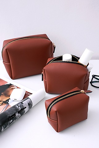 Burnt Orange Faux Leather Pouch Set by Bombay Artisan Co.
