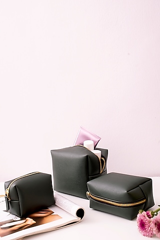 Bottle Green Faux Leather Pouch Set by Bombay Artisan Co.