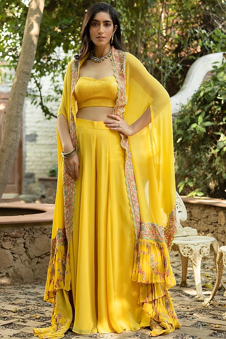 Canary Yellow Embroidered Cape Set by Basanti - Kapde aur Koffee