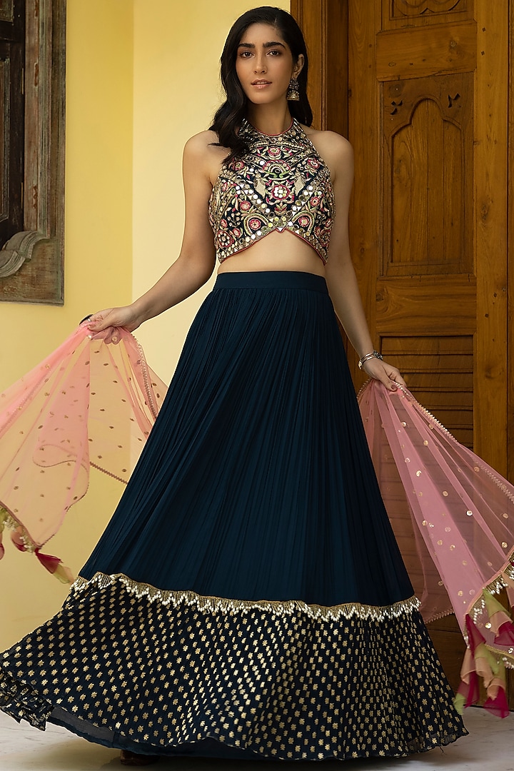 Teal Blue Chinon Flared Lehenga Set by Basanti - Kapde aur Koffee at Pernia's Pop Up Shop