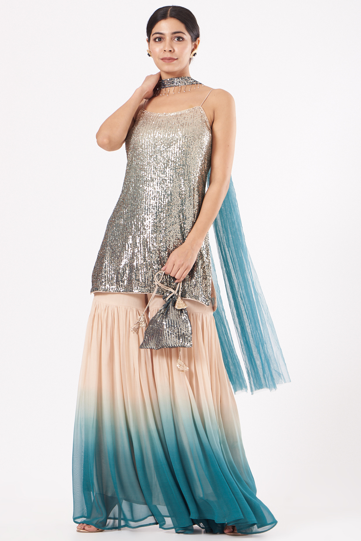 Beige & Blue Georgette Ombre Party Wear Sharara Set by Basanti - Kapde aur Koffee at Pernia's Pop Up Shop