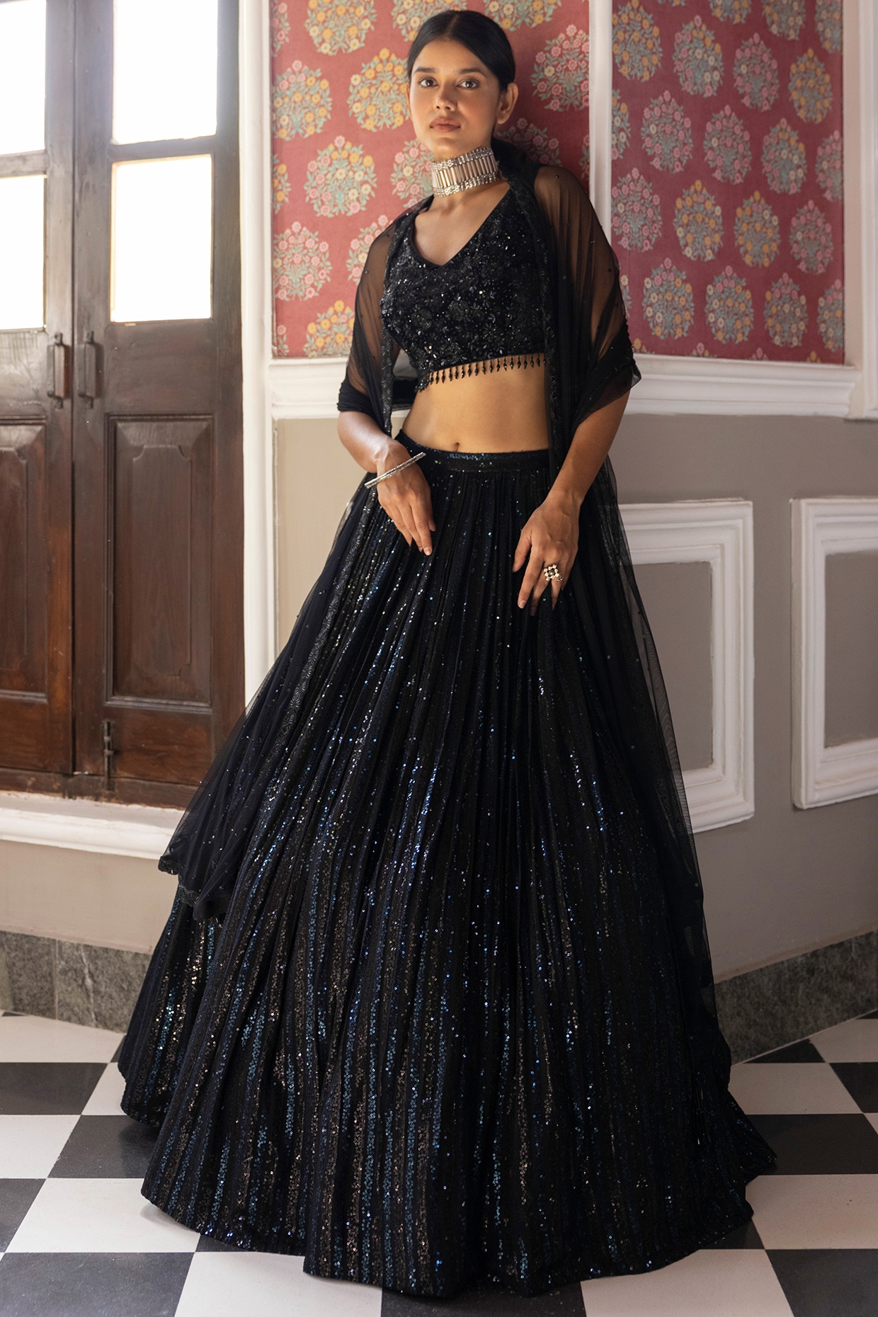 Black Tonal Sequin Embroidered Lehenga Set With Blouse And Dupatta - Hijab  Online