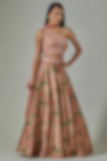 Peach Satin Floral Printed Handcrafted Lehenga Set by Basanti - Kapde aur Koffee at Pernia's Pop Up Shop