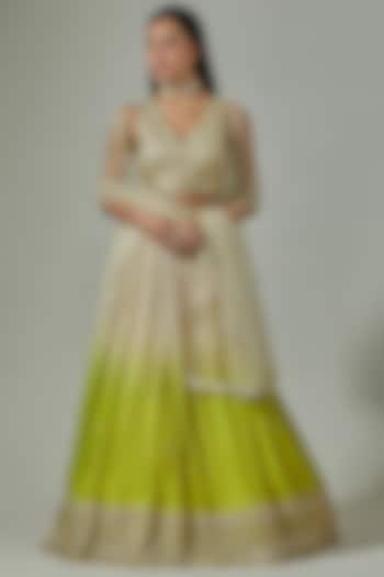 Beige & Green Ombre Crepe Embroidered Lehenga Set by Basanti - Kapde aur Koffee at Pernia's Pop Up Shop