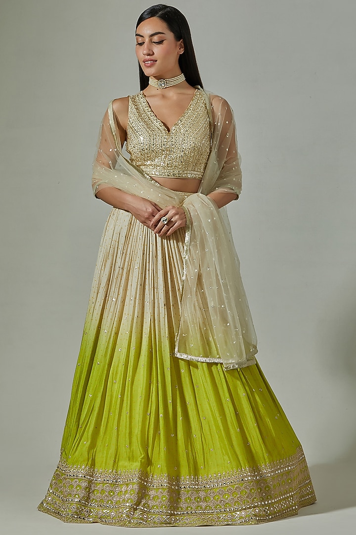 Beige & Green Ombre Crepe Embroidered Lehenga Set by Basanti - Kapde aur Koffee at Pernia's Pop Up Shop