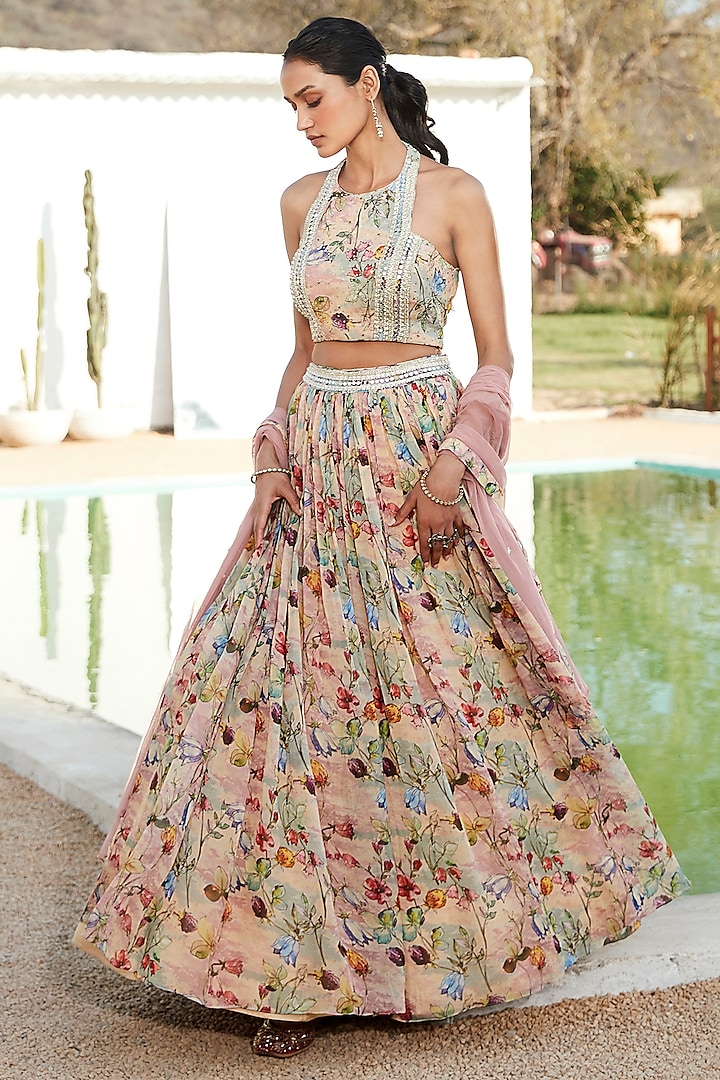 Pink Viscose Organza Botanical Printed Lehenga Set by Basanti - Kapde aur Koffee at Pernia's Pop Up Shop